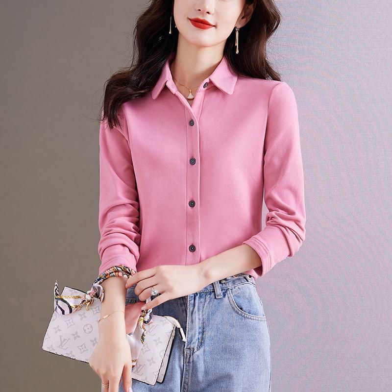 Long-Sleeve Velvet Plain Shirt Product Image