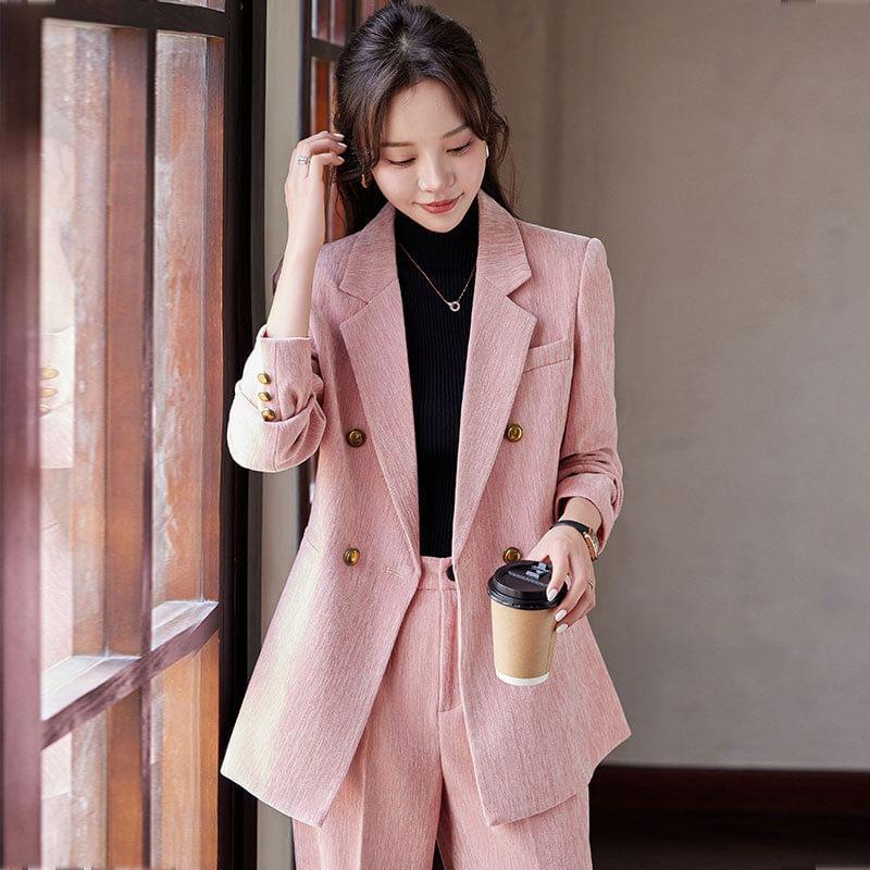 Lapel Collar Plain Double Breasted Blazer / Mid Rise Plain Wide Leg Fit Dress Pants / Set Product Image