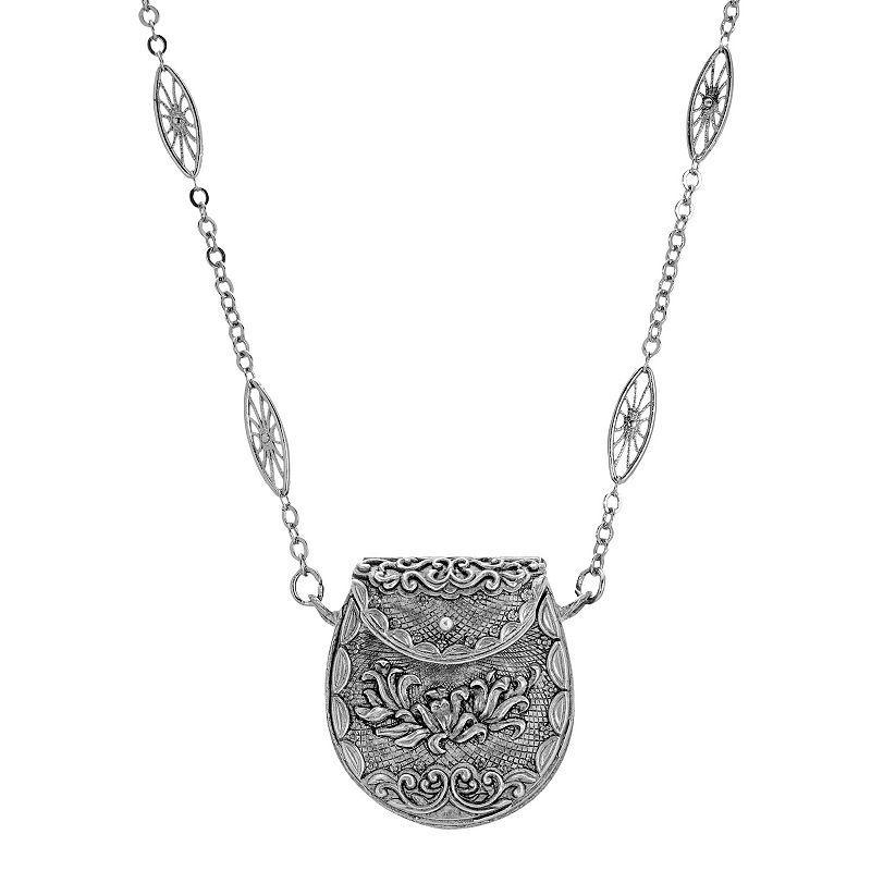 1928 Silver Tone Filigree Pouch Necklace, Womens, Gray Product Image