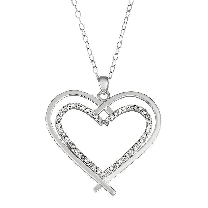 Sterling Silver Crystal Double Heart Necklace, Womens White Product Image