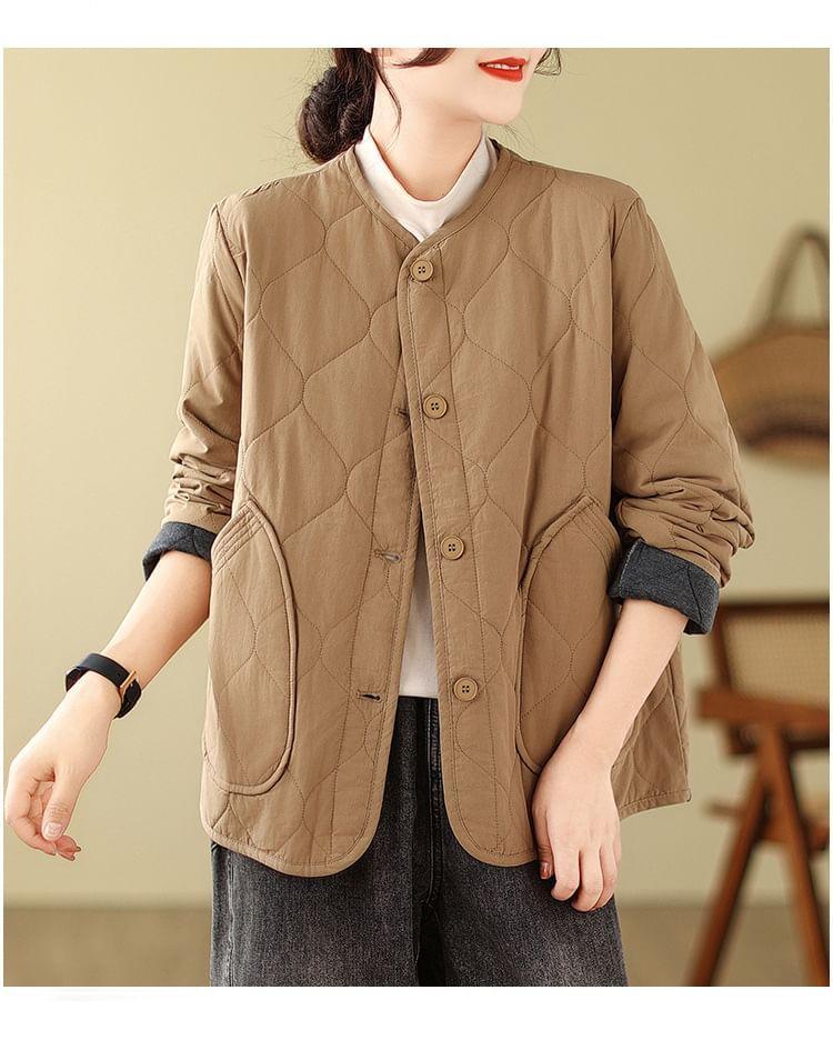 Crew Neck Plain Quilted Button-Up Jacket Product Image