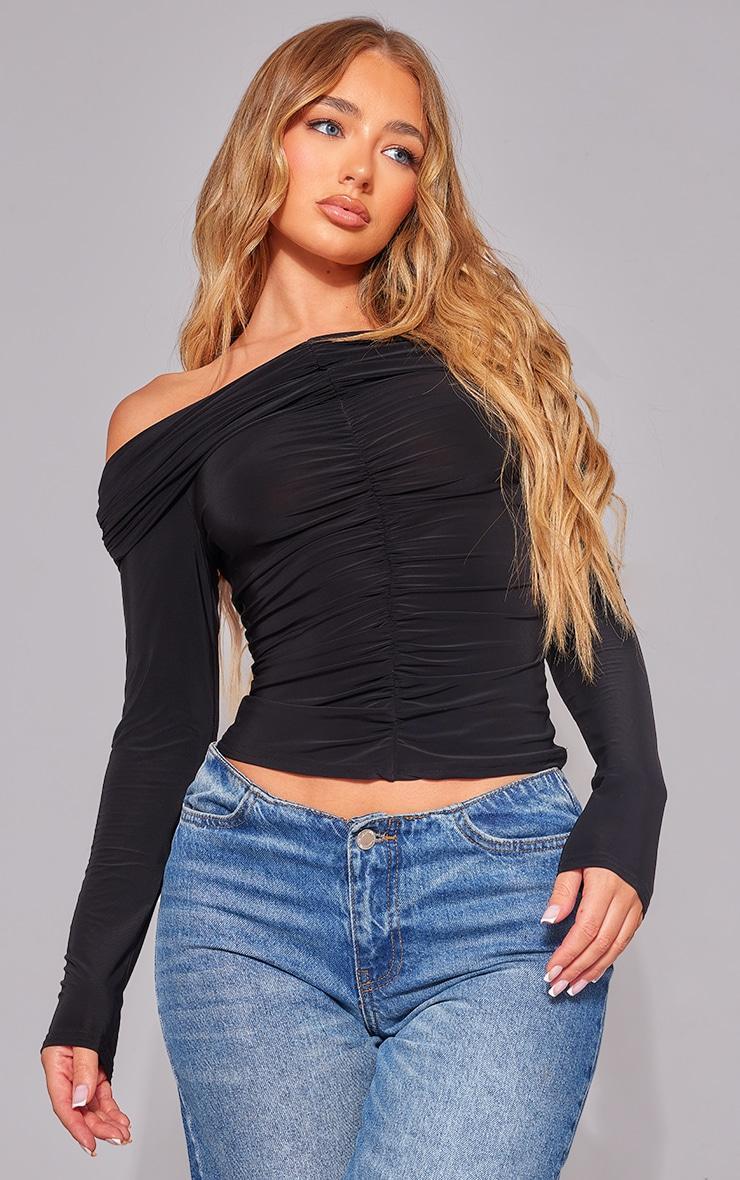 Black Slinky Ruched Front Foldover Bardot Top Product Image