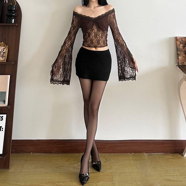 Flare-Sleeve V-Neck Lace Crop Top Product Image