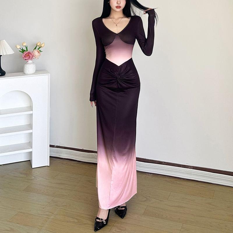 Long Sleeve V-Neck Gradient Ruched Maxi Sheath Dress Product Image