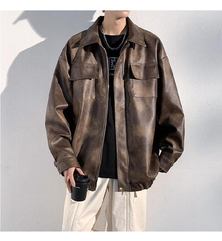 Collared Washed Faux Leather Zip Jacket Product Image