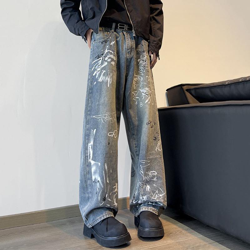 Vintage Street Style Graffiti Print Jeans Product Image