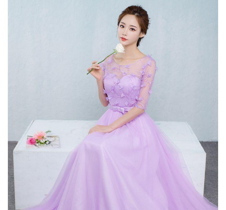 Elbow-Sleeve Mesh Panel Maxi A-Line Bridesmaid Dress Product Image