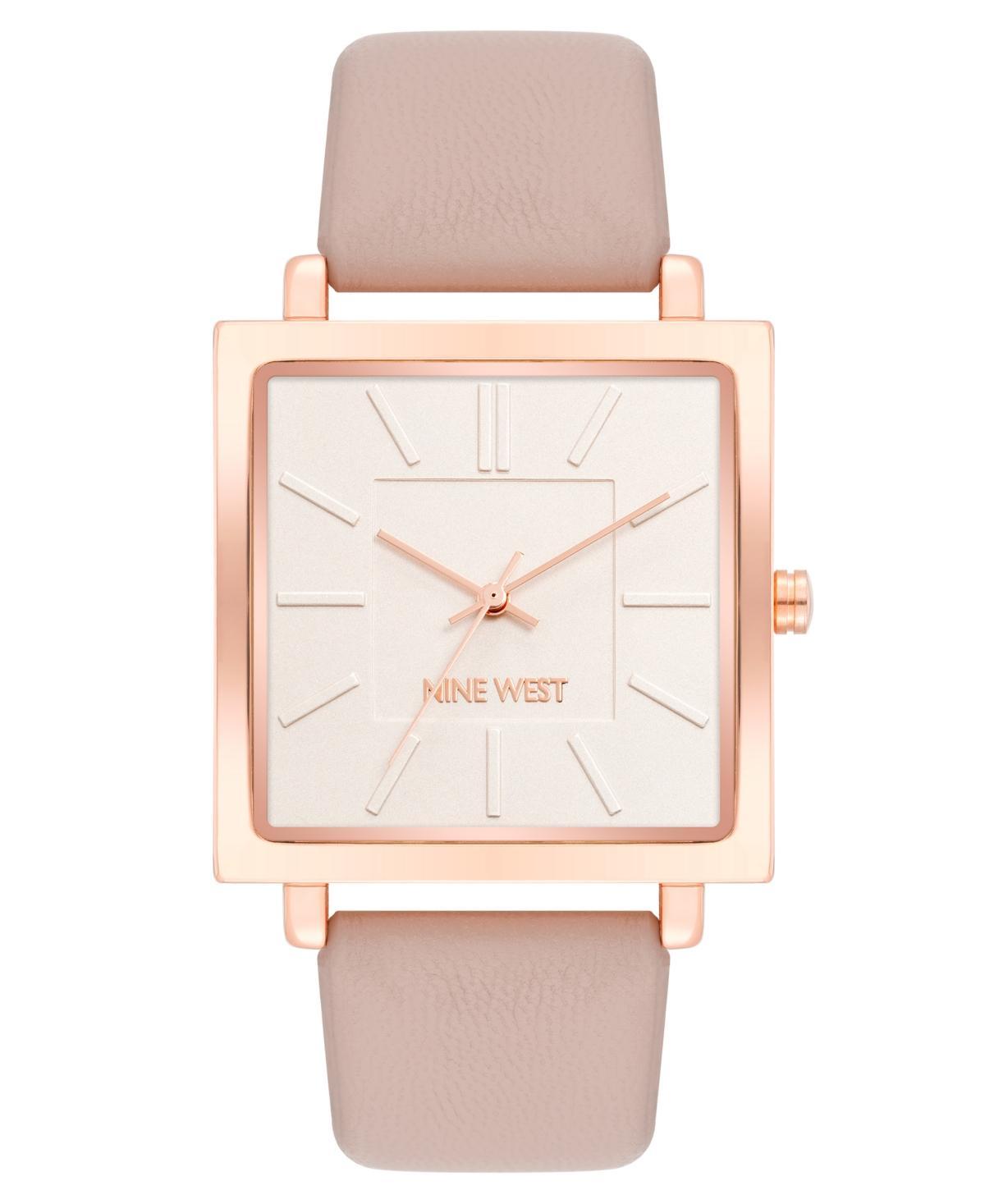 Nine West Womens Quartz Square Pink Faux Leather Band Watch, 35mm - Pink, Rose Gold-Tone Product Image