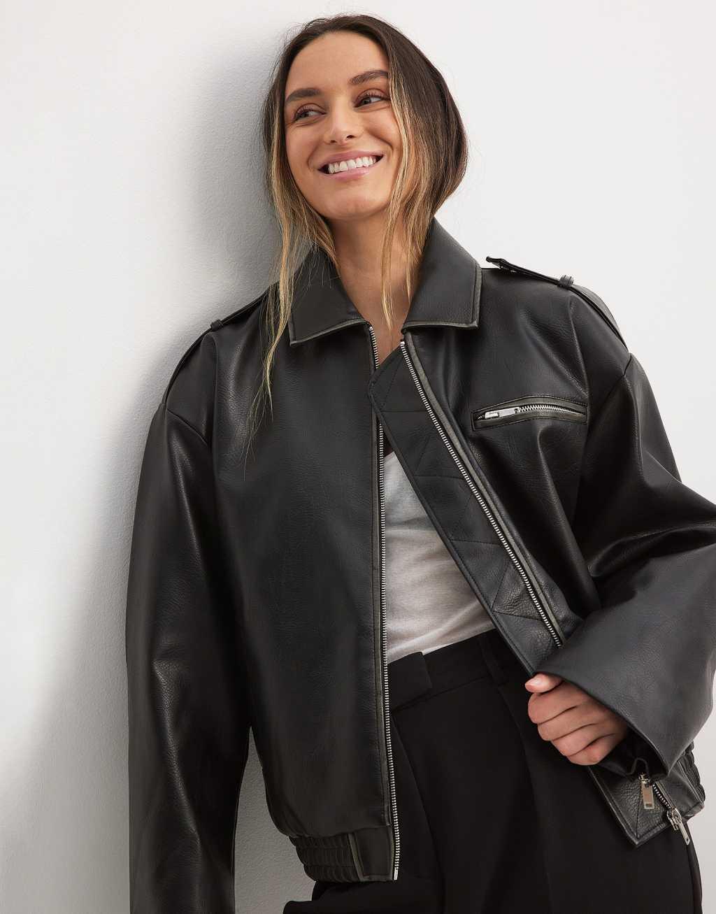 NA-KD washed faux leather bomber jacket in black Product Image