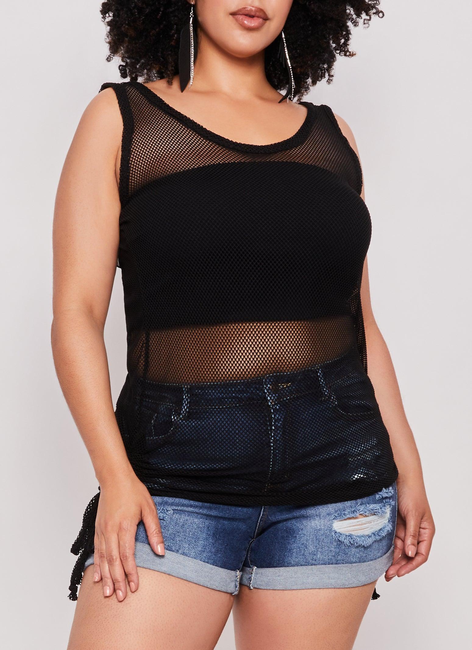 Womens Plus Size Fishnet Side Drawstring Ruched Tank Top Product Image