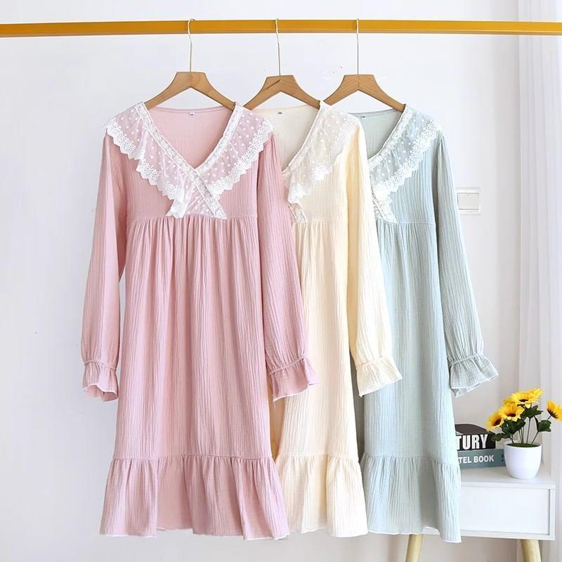 Long-Sleeve V-Neck Lace Trim Pajama Dress Product Image