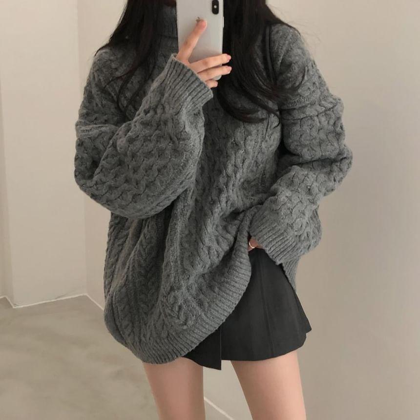 Turtleneck Plain Cable Knitted Oversized Sweater Product Image