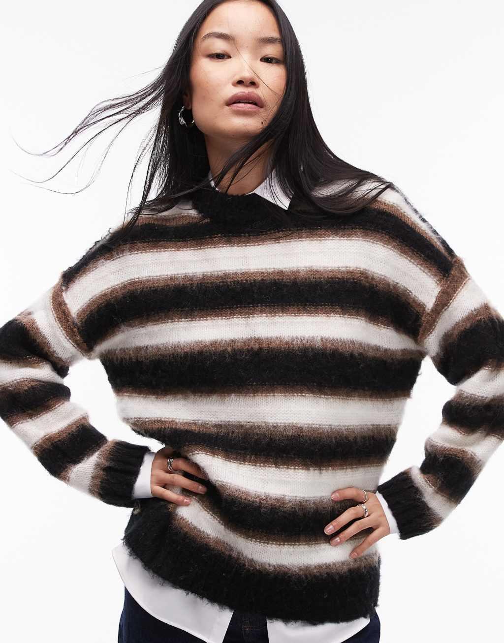 Topshop knitted neutral stripe oversized sweater in black and brown Product Image