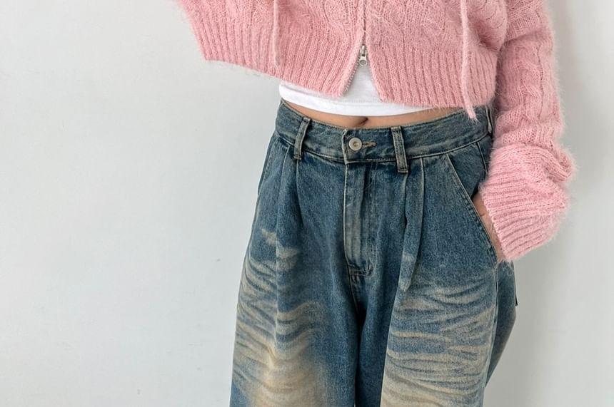 Cable Knit Zip-Up Crop Cardigan Product Image