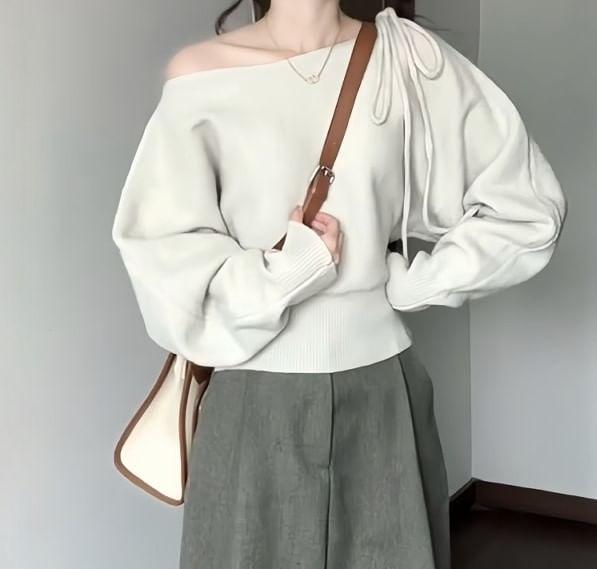 Off-Shoulder Plain Sweater / High Rise Wide Leg Pants Product Image