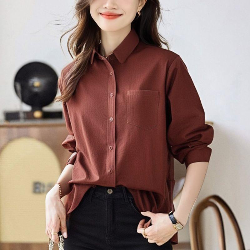 Long-Sleeve Plain Pocket Detail Shirt Product Image