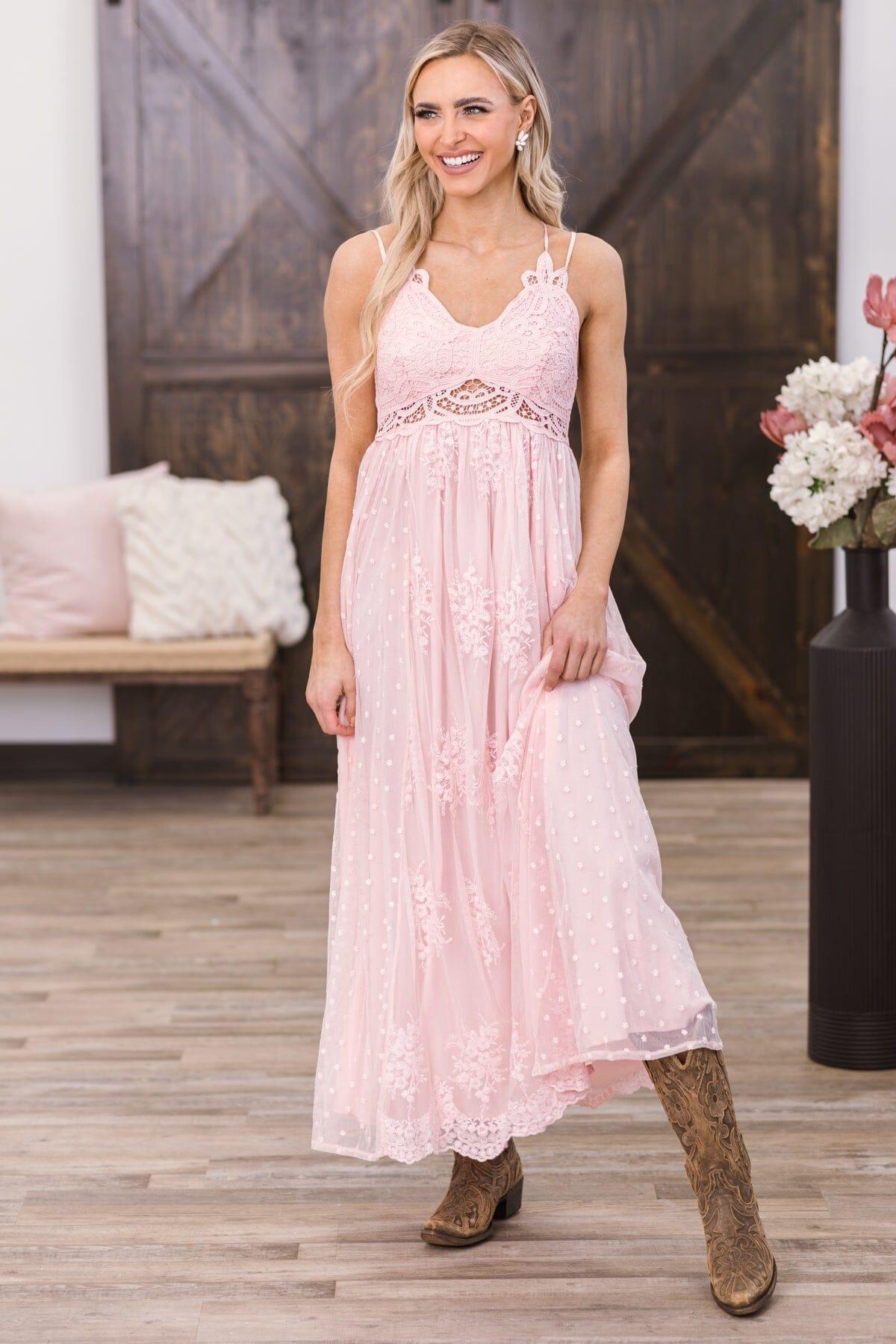 Dusty Rose Crochet Lace Bodice Maxi Dress Product Image