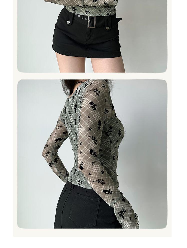 Long-Sleeve Square Neck Plaid Floral Jacquard Lace Trim Slim Fit Crop Top Product Image