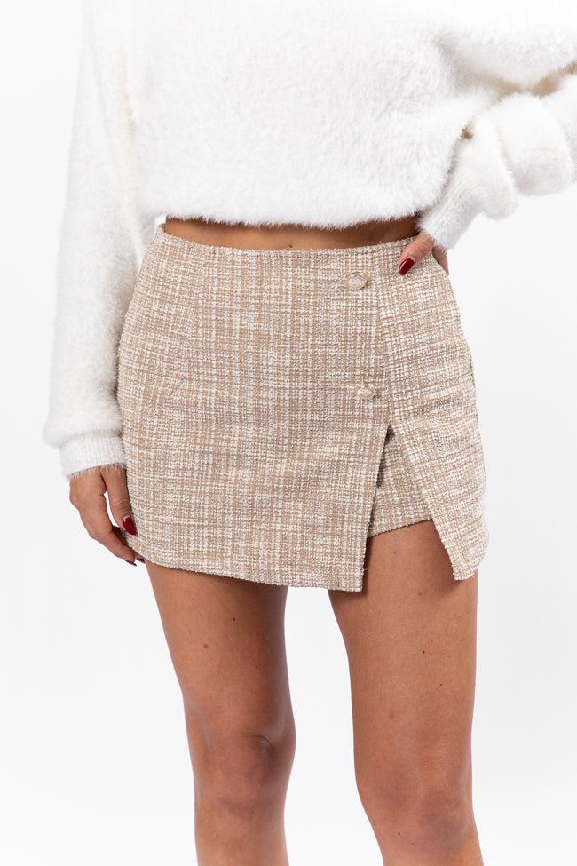 Hold Me Now Khaki Tweed Side Split Skort Product Image