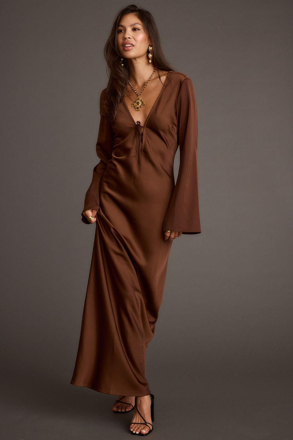 Strokes Mocha Long Sleeve Plunge Satin Maxi Dress Product Image