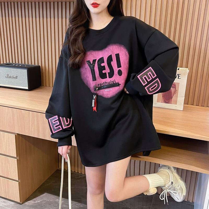 Round Neck Lettering Print Rhinestone Accent Zipped Oversized Pullover Product Image