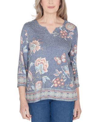 Petite Floral Border Split-Neck Top Product Image