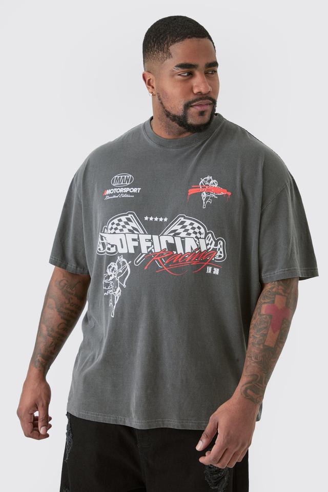 Mens Grey Plus Oversized Overdye Wash Moto Print T-shirt, Grey Product Image