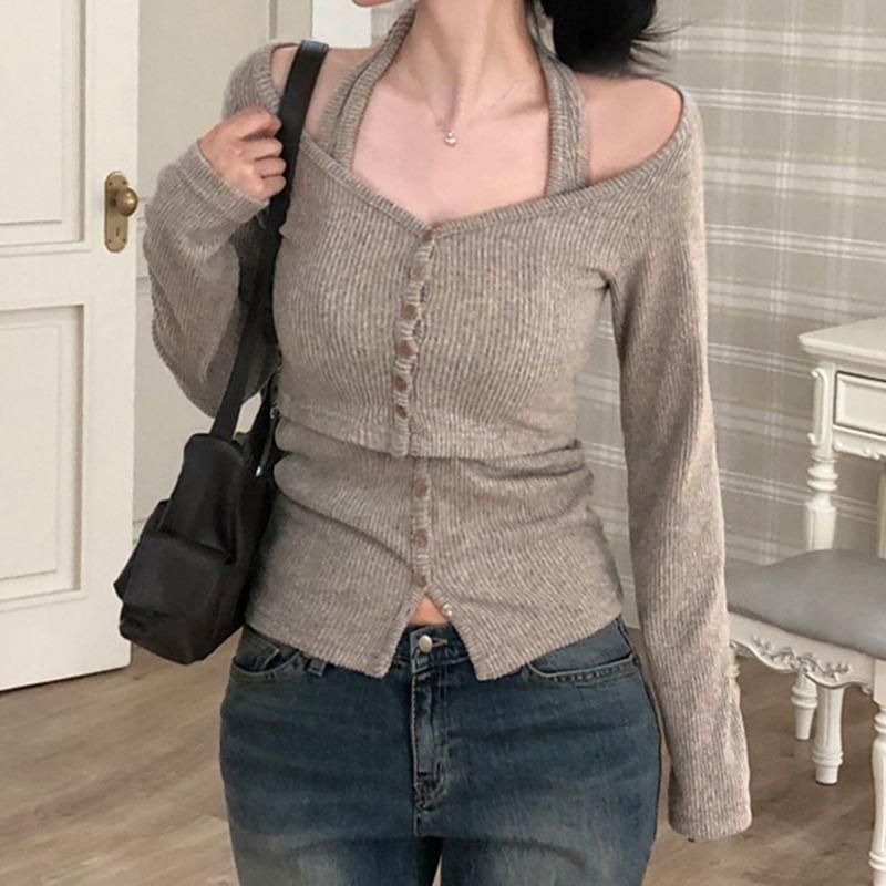 Long-Sleeve Halter Neck Plain Knit Top Product Image