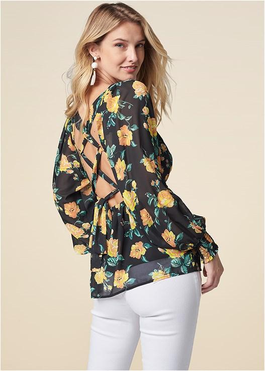 Blooming Roses Lace-Up Blouse Product Image