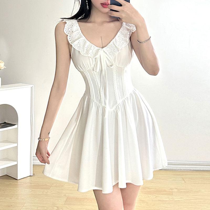 Sleeveless V-Neck Plain Bow Ruffle Pintuck Mini A-Line Dress Product Image