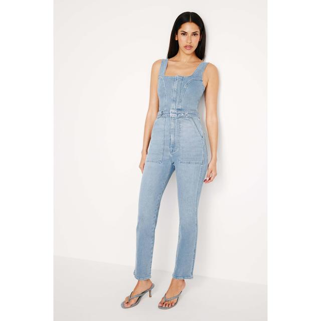 Womens Fit For Success Sleeveless Denim Jumpsuit | Blue, | Hidden Front Zipper Closure, Breast Pockets Size Large | Good Americ Product Image