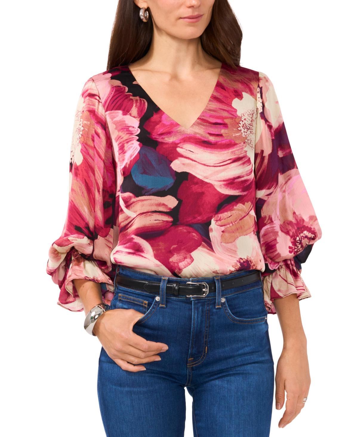 Vince Camuto Womens Printed V-Neck Balloon-Sleeve Top Product Image