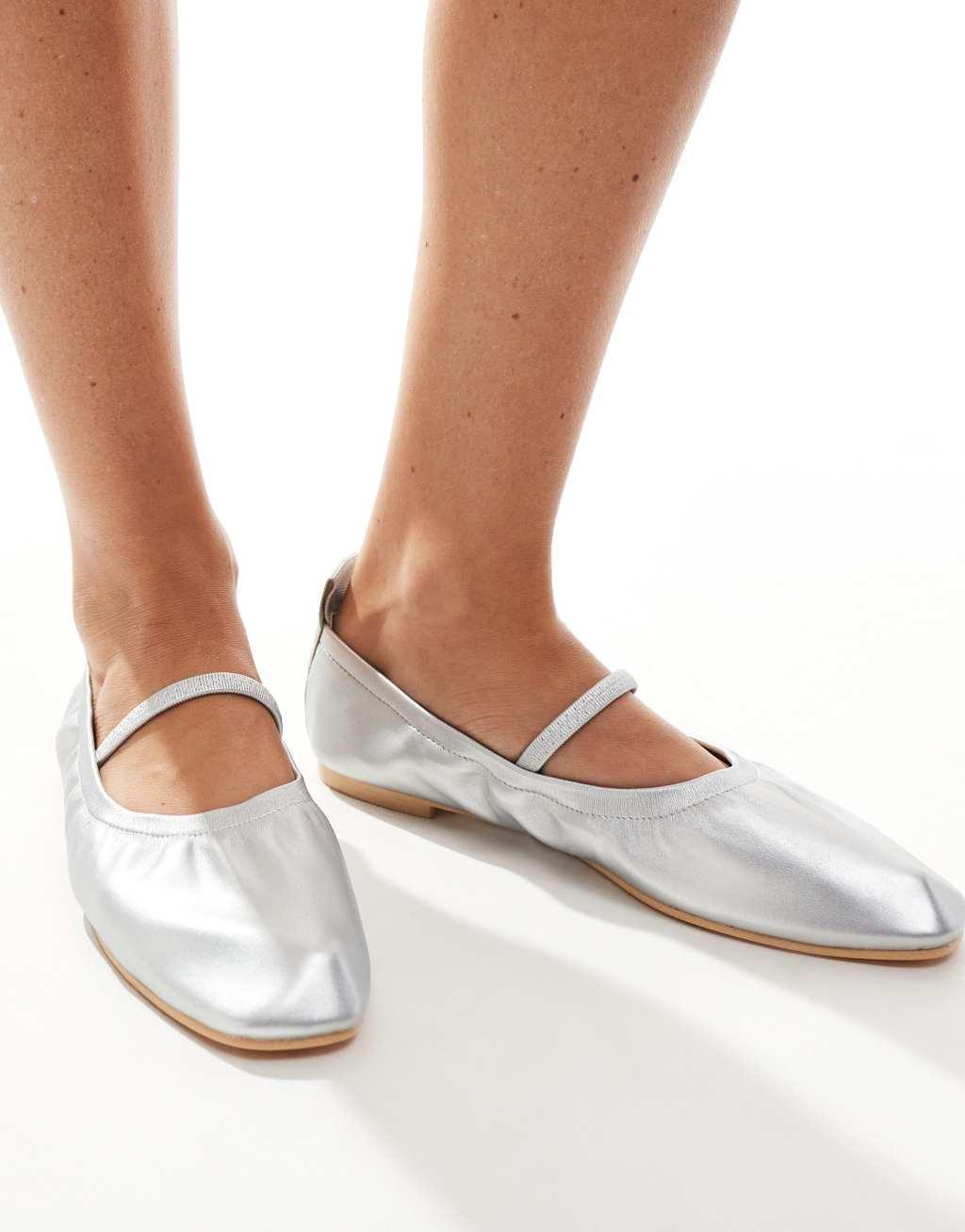 SEQWL Wide Fit elastic topline ballet flats in silver Product Image