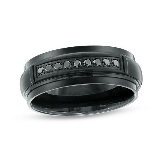 Men's 1/6 CT. T.W Black Diamond Channel Wedding Band in Black IP Stainless Steel Product Image