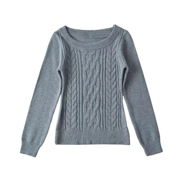 Long-Sleeve Scoop Neck Plain Cable Knit Sweater Product Image