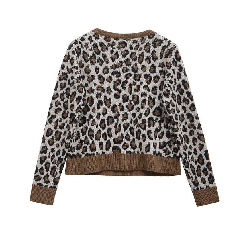 Crew Neck Leopard Print Button Cardigan Product Image