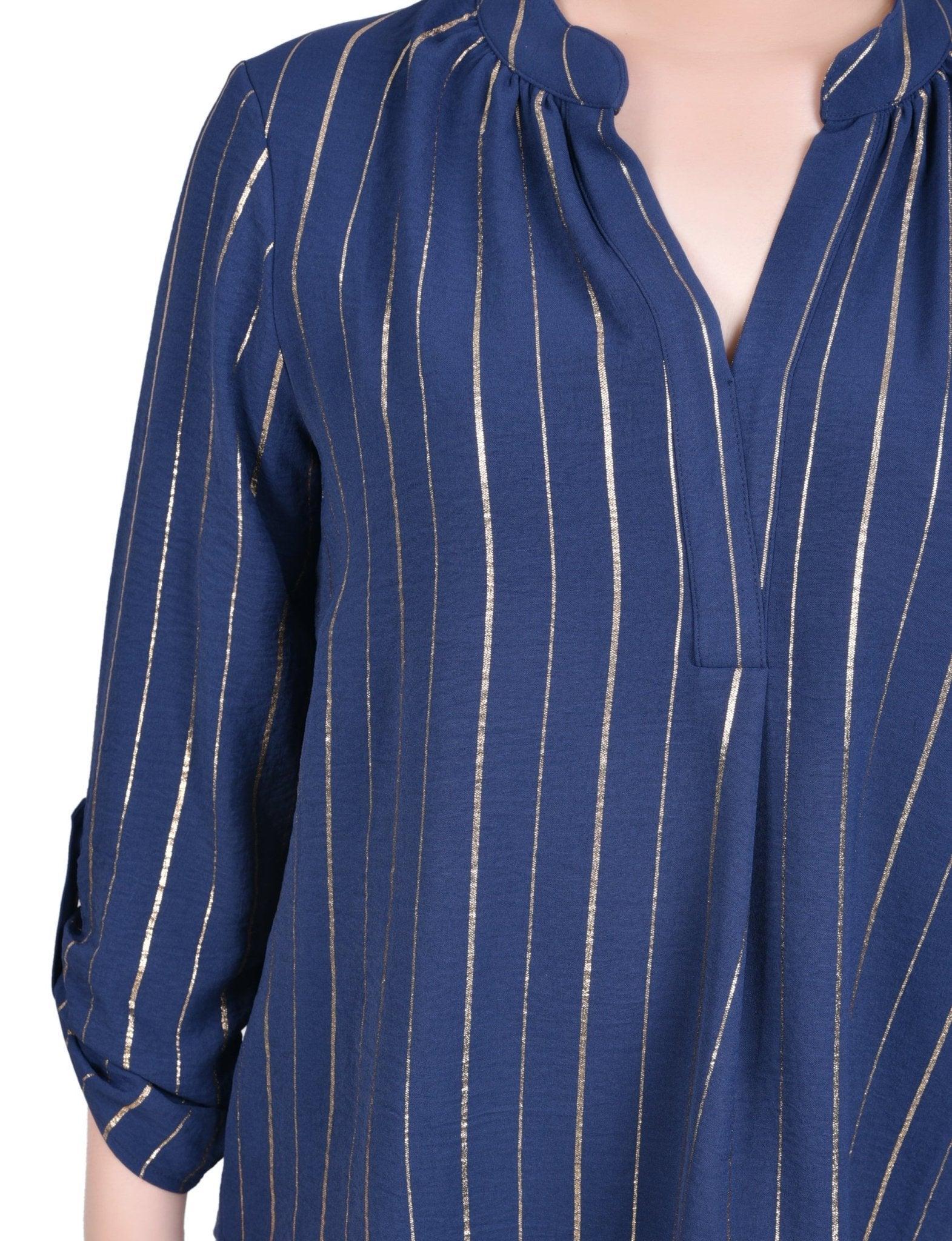 NY Collection Long Sleeve Foil Striped Blouse - Petite Product Image