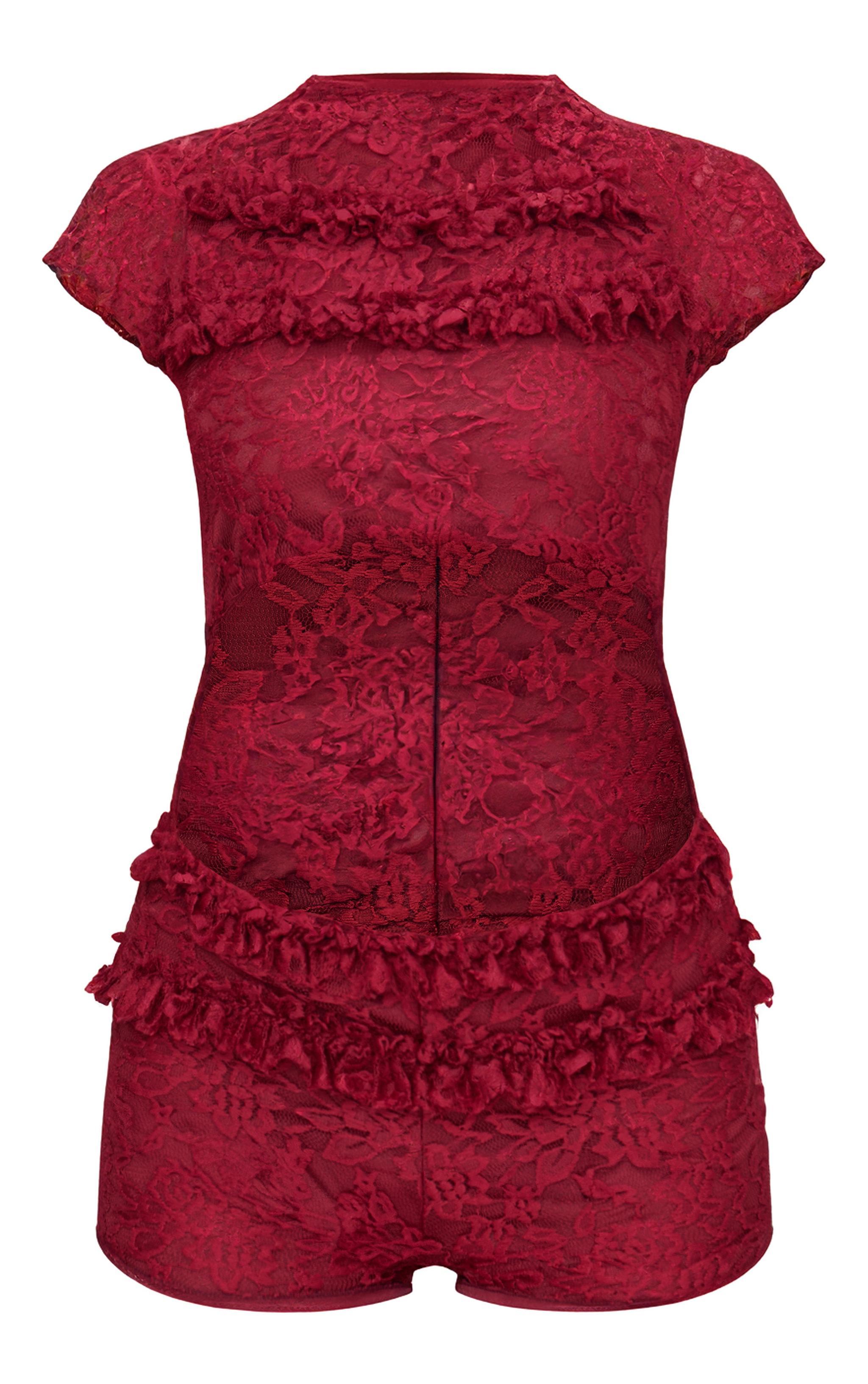 Burgundy Lace Ruffle Detail Cut Out Rara Skort Romper Product Image