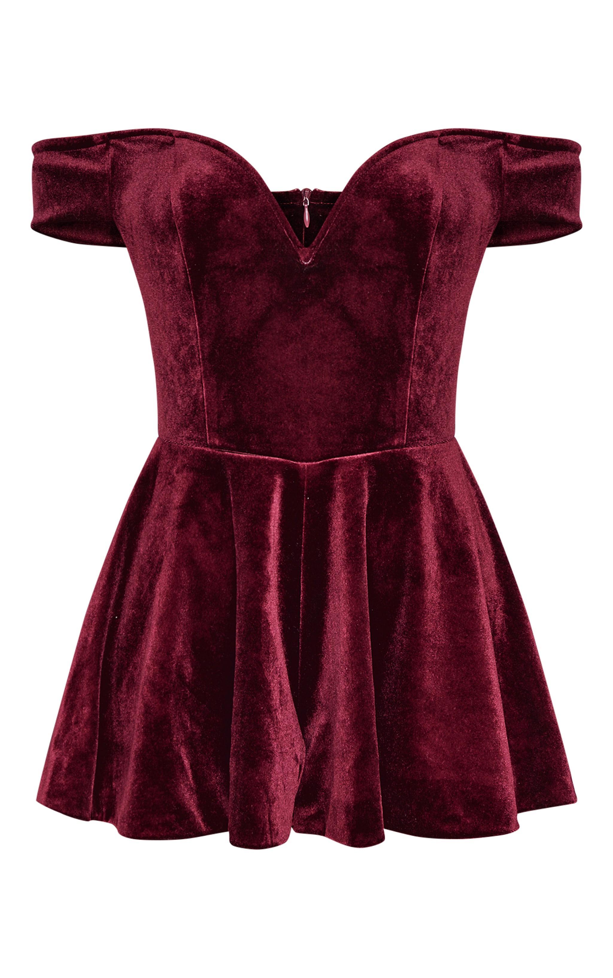 Burgundy Velvet Bardot Sweetheart Neckline Floaty Romper Product Image