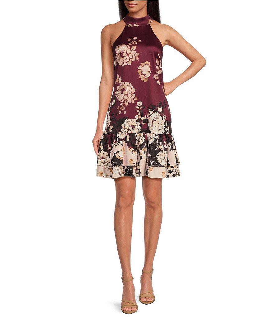 Belle Badgley Mischka Odette Floral Print Knit Halter Neck Sleeveless Tiered Ruffle Shift Mini Dress Product Image