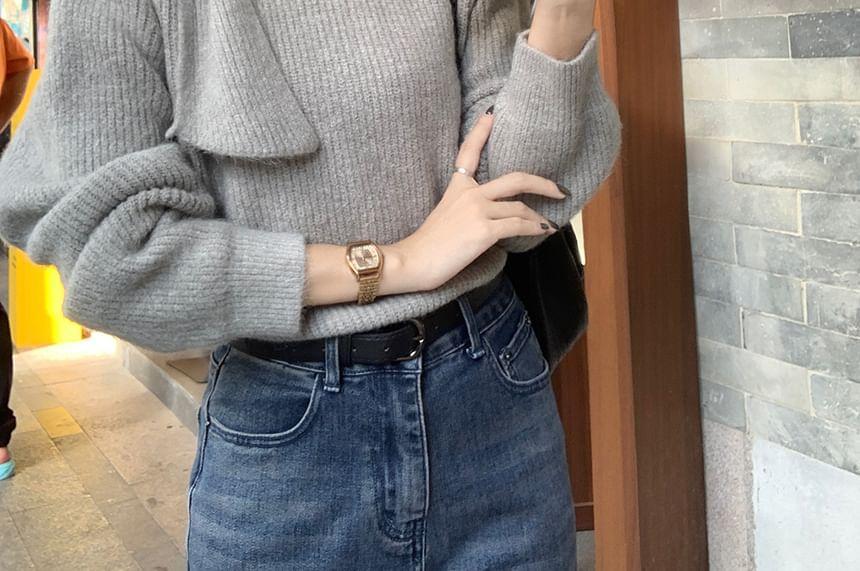 Long Sleeve Tie-Shoulder Plain Ribbed-Knit Loose-Fit Sweater Product Image