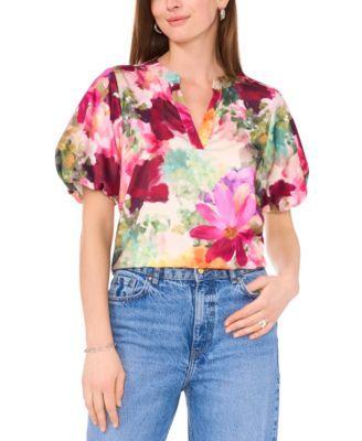 Women's Floral Split-Neck Puff-Sleeve Top Product Image