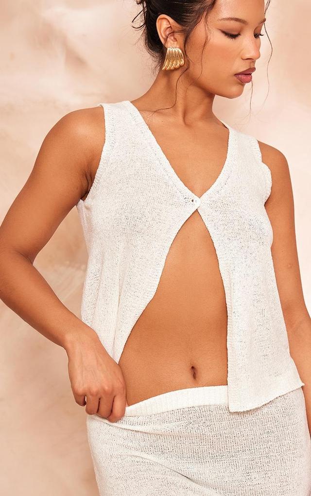 White Sheer Textured Knit Button Front Vest Top Product Image