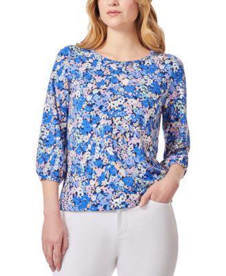 Jones New York Womens Floral-Print Moss Crepe 3/4-Sleeve Top Product Image