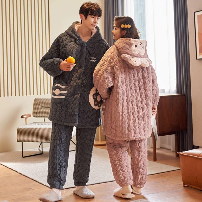 Couple Matching Pajama Set: Cartoon Patterned Hood Coral Fleece Button Jacket + Straight Leg Pants Product Image