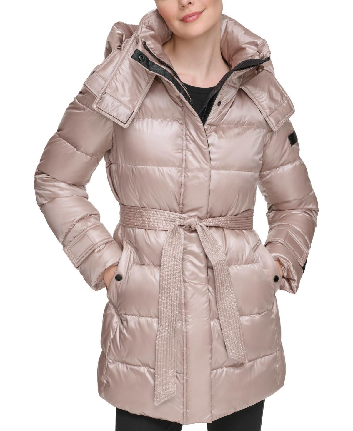 Women's Belted Hooded Short Down Puffer Coat Product Image