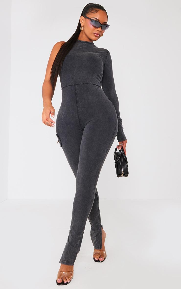 Shape Charcoal Cotton One Shoulder Zip Detail Jumpsuit Product Image