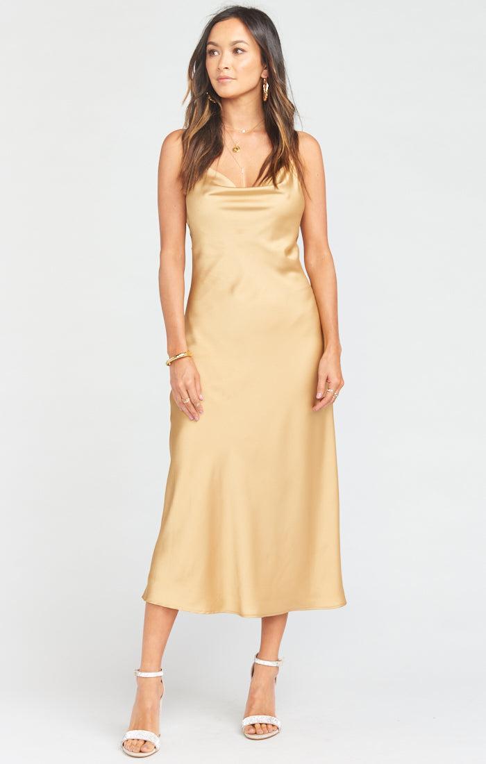 Verona Cowl Dress ~ True Gold Luxe Satin Product Image