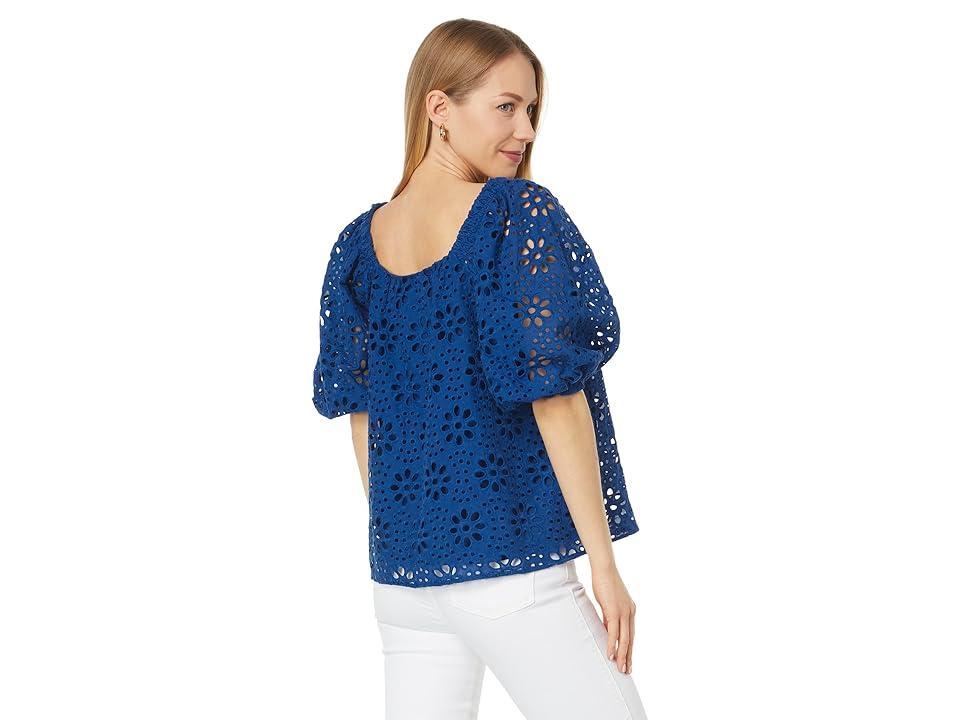 Lilly Pulitzer Kerrigan Elbow Sleeve Eyelet Top (Oyster Bay Navy Funflower Eyelet) Women's Dress Product Image