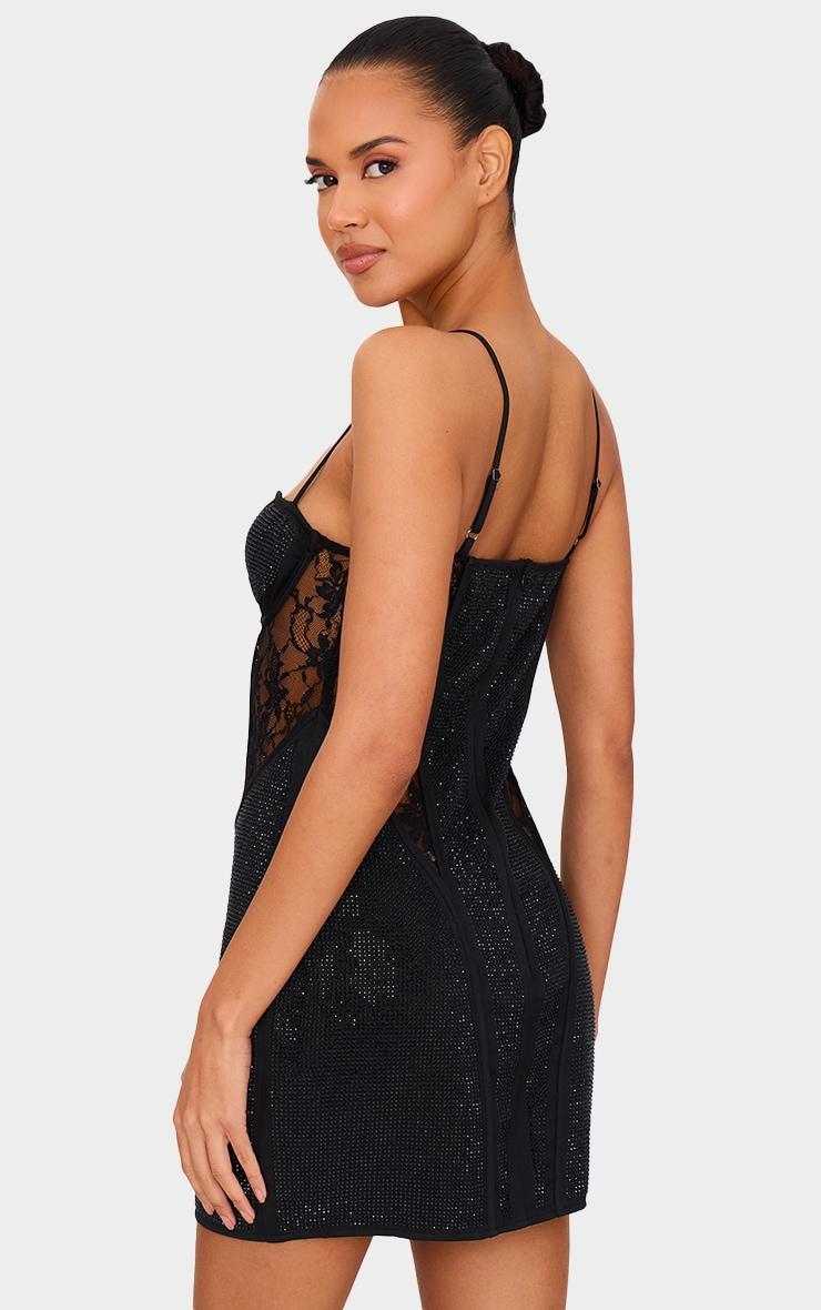 Black Premium Diamante Lace Cup Detail Mini Dress Product Image